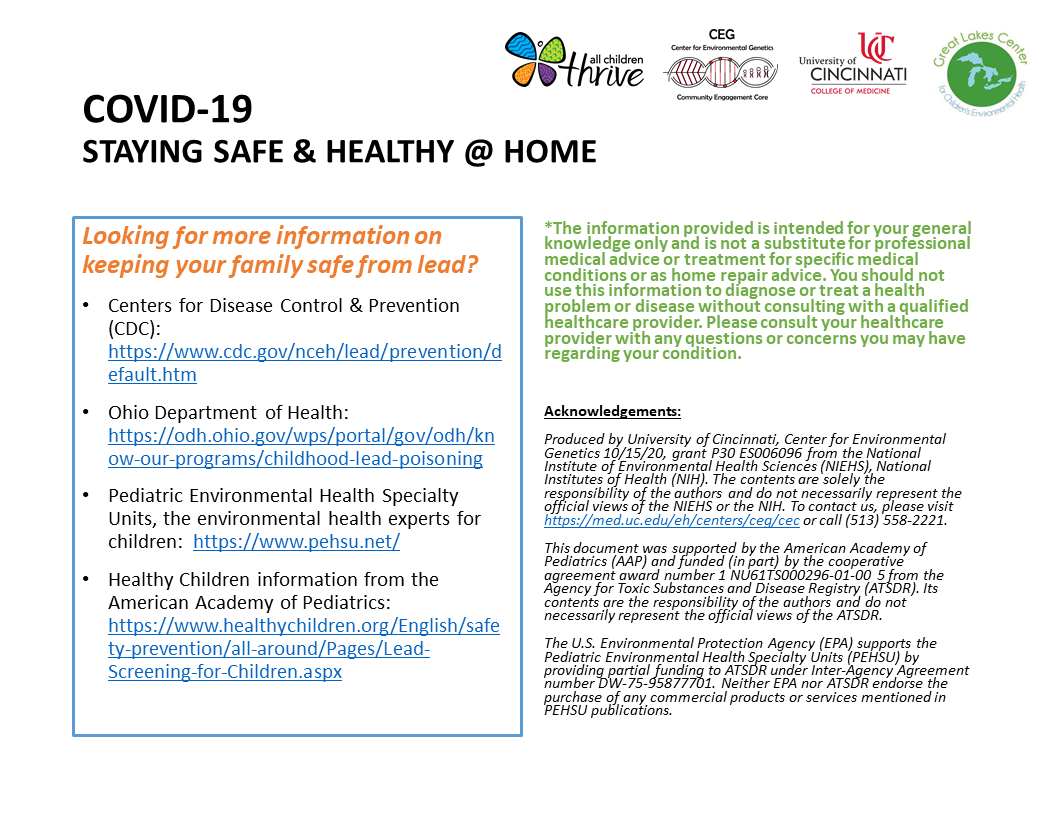 COVID-19 Safe & Healthy @ Home Lead (Pb) Side 2 Side 2 of a guide featuring tips to stay safe and healthy at home when concerned about lead contamination